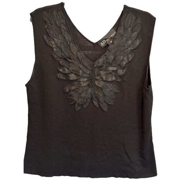 AD Originals Size XL Black Sleeveless Shell Top w/Applique & Beads at Neck - Picture 1 of 4